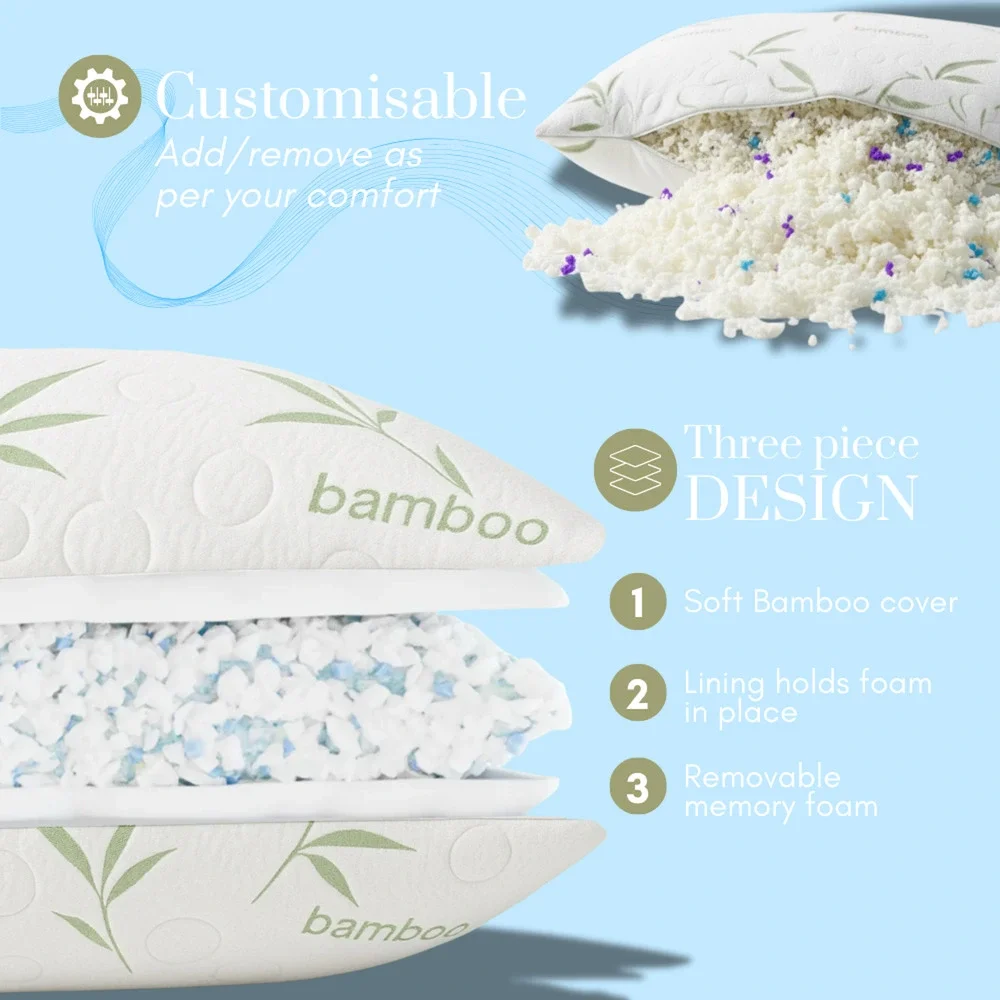 Adjustable Bamboo Memory Foam Pillows King (2 Pack) Cooling Foam - Picture 6 of 6